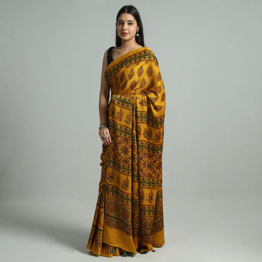 Yellow - Ajrakh Block Printed Modal Silk Saree with Tassels 07
