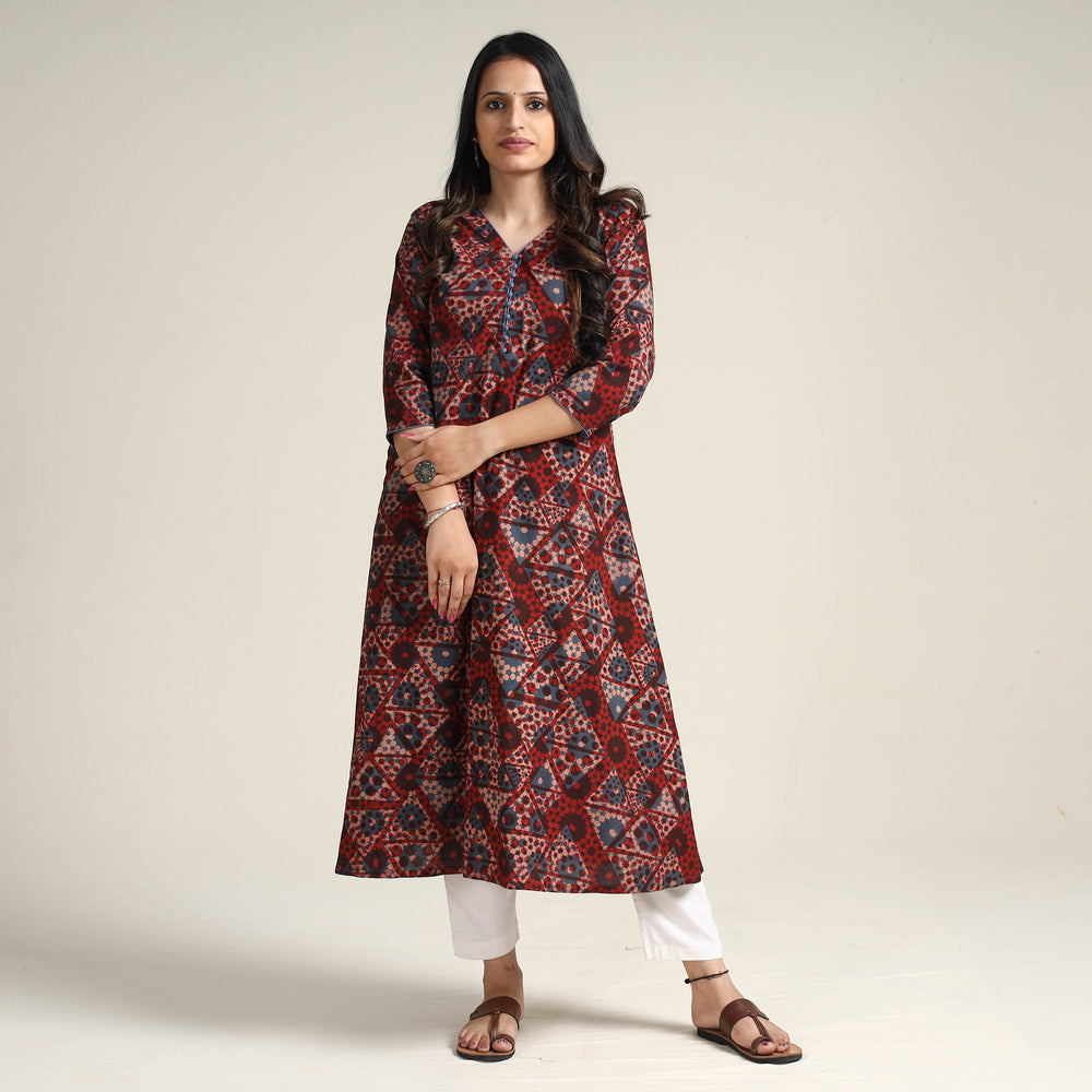 Red - Ajrakh Block Printed Cotton Long Kurta