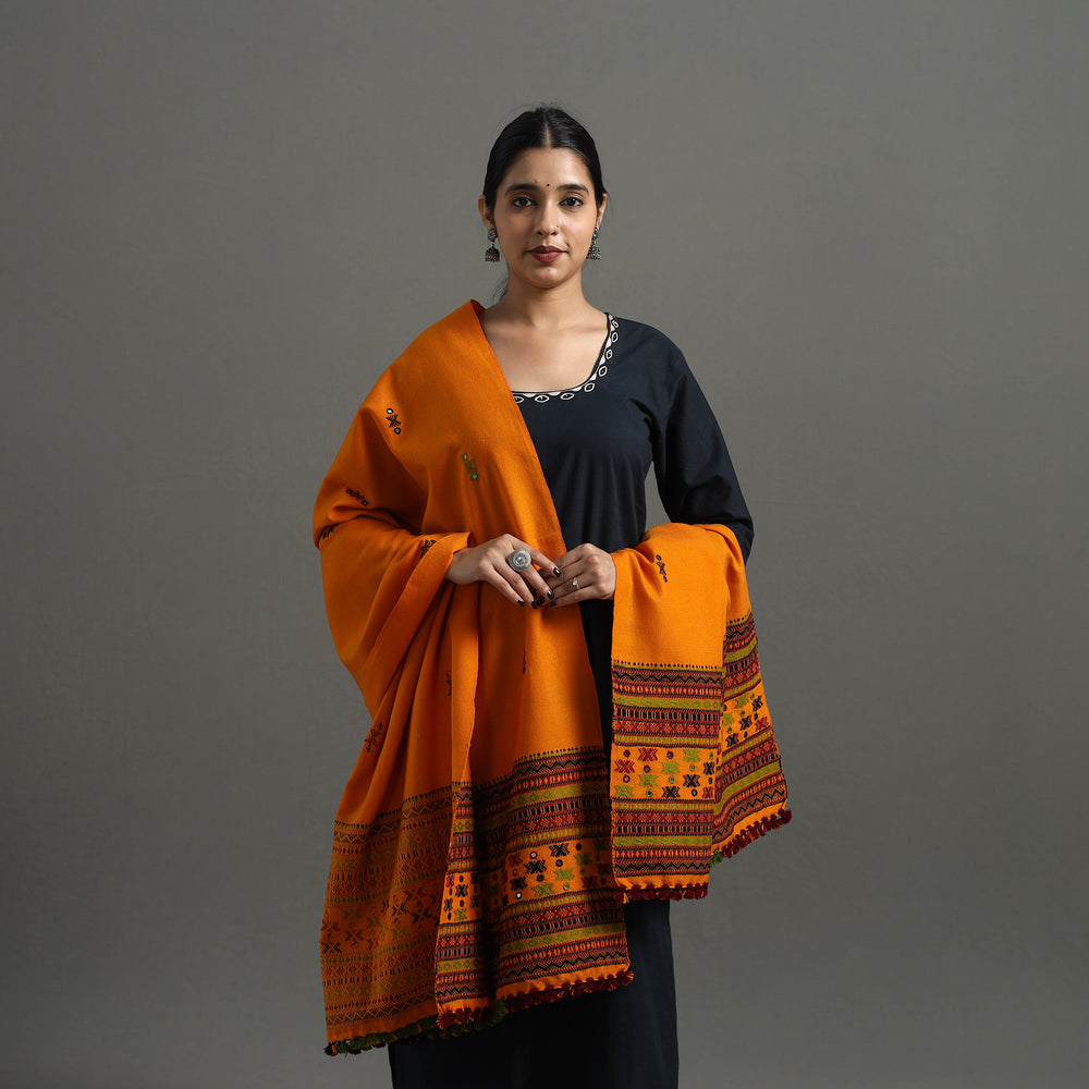 Orange - Kutch Handwoven Mirror Work Woollen Shawl 21