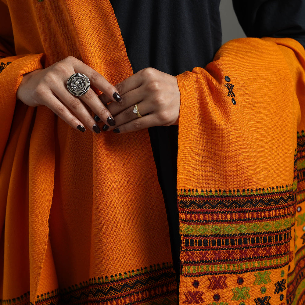 Orange - Kutch Handwoven Mirror Work Woollen Shawl 21