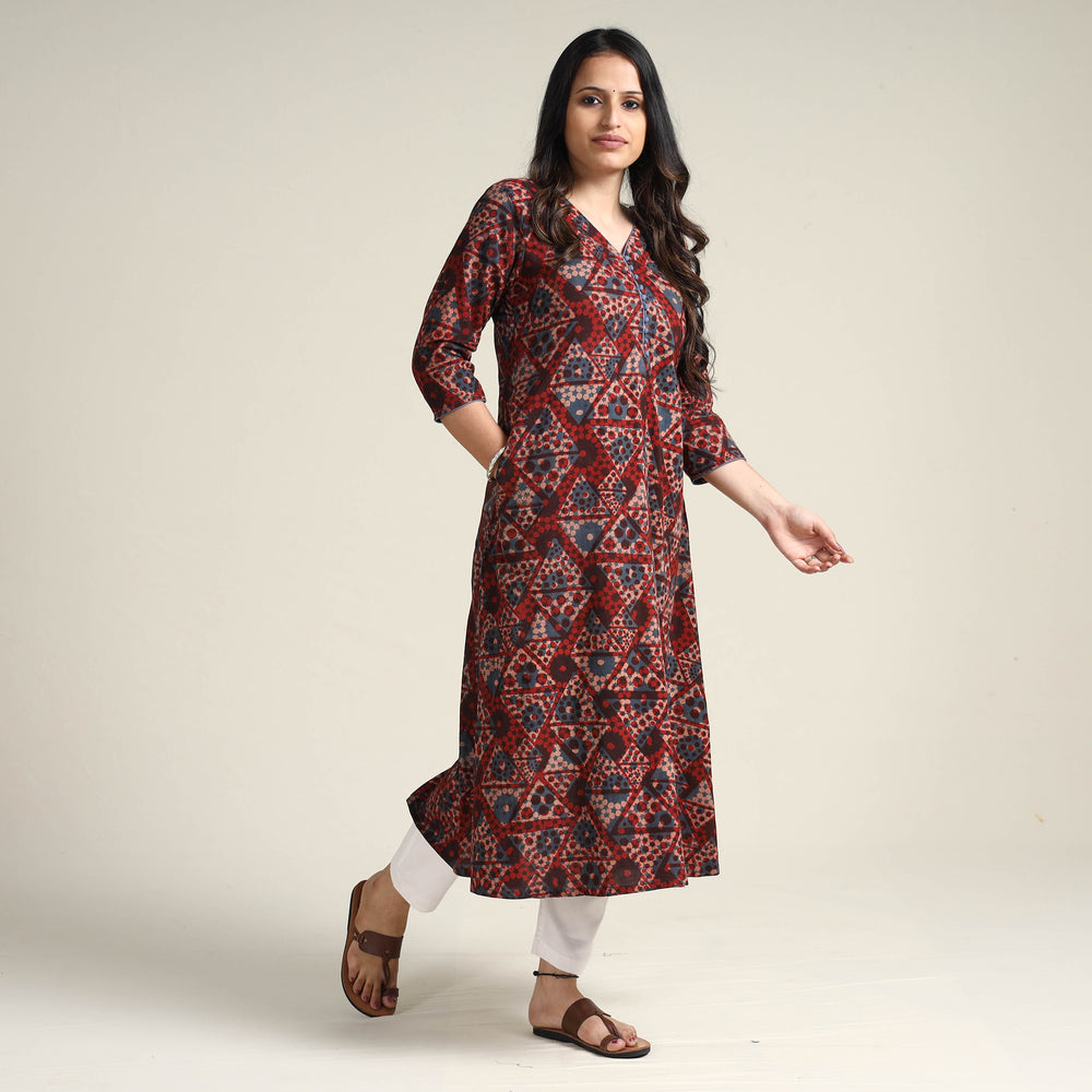 Red - Ajrakh Block Printed Cotton Long Kurta