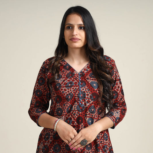 Red - Ajrakh Block Printed Cotton Long Kurta