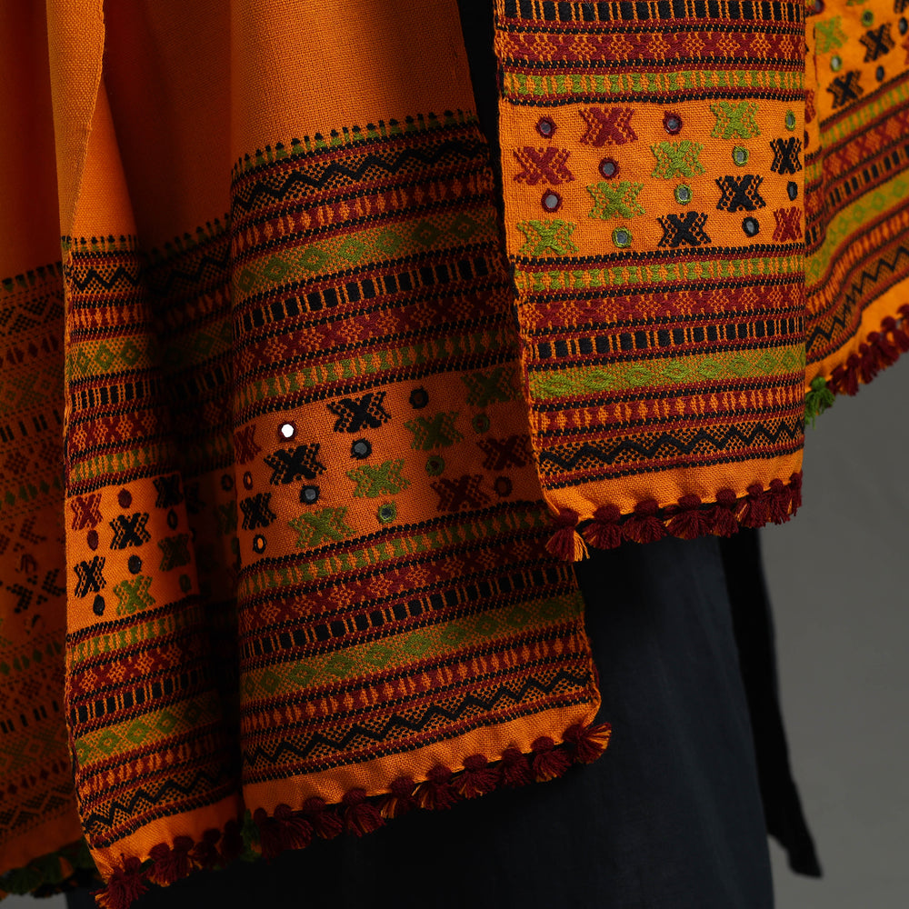 Orange - Kutch Handwoven Mirror Work Woollen Shawl 21