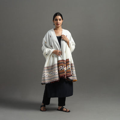 White - Kutch Handwoven Mirror Work Woollen Shawl 22