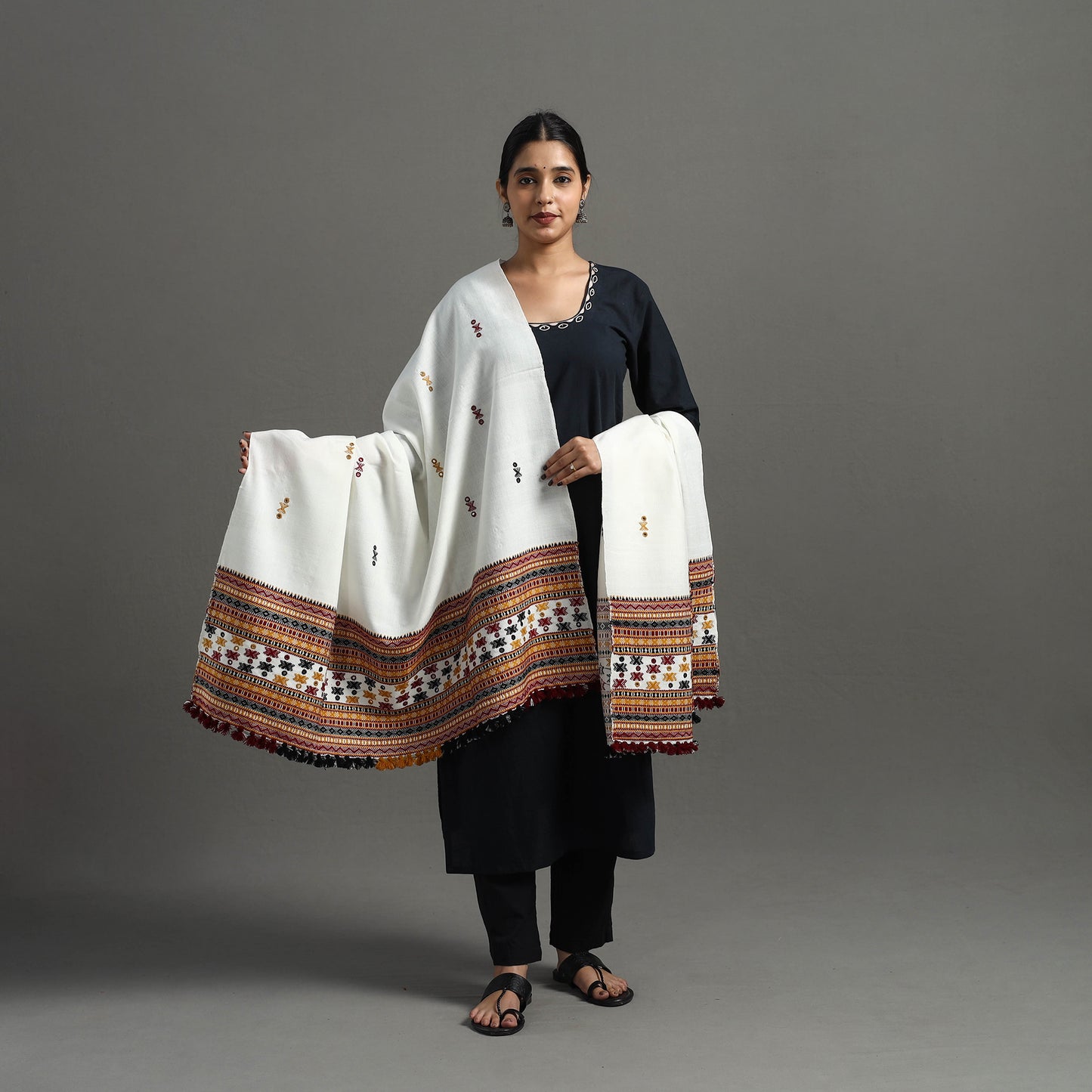 White - Kutch Handwoven Mirror Work Woollen Shawl 22