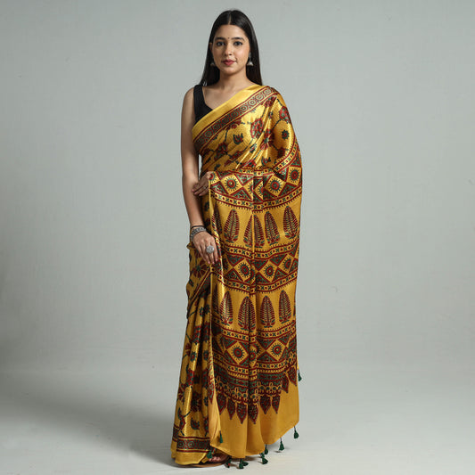 Yellow - Ajrakh Block Printed Modal Silk Saree with Tassels 08