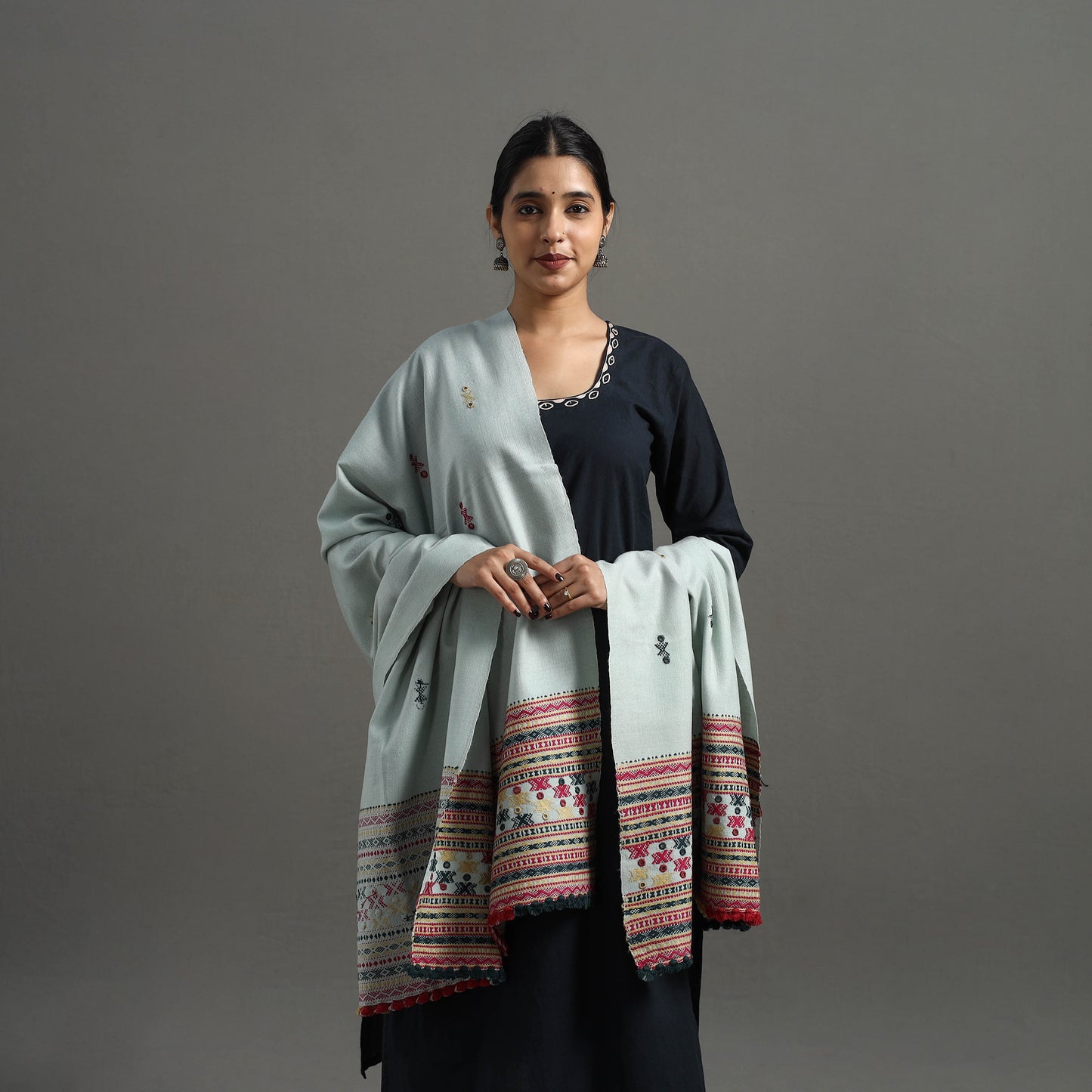 Grey - Kutch Handwoven Mirror Work Woollen Shawl 23