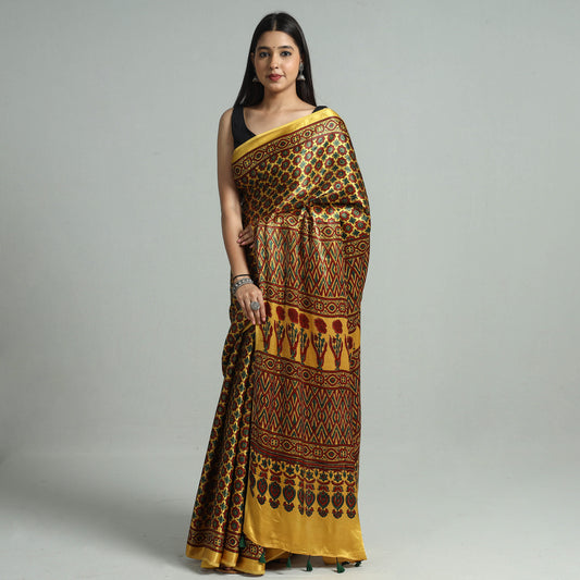 Yellow - Ajrakh Block Printed Modal Silk Saree with Tassels 09