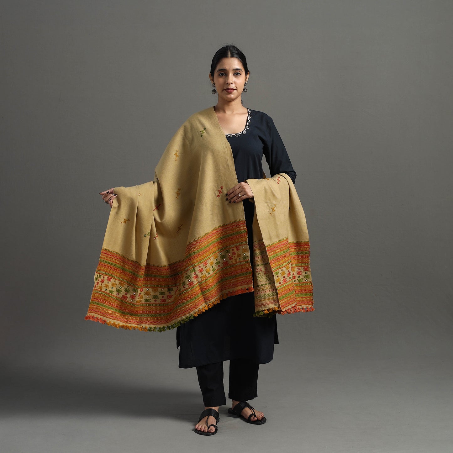 Beige - Kutch Handwoven Mirror Work Woollen Shawl 24