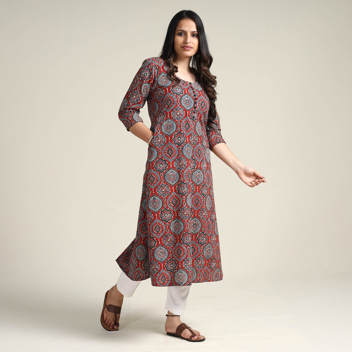 Red - Ajrakh Block Printed Cotton Long Kurta