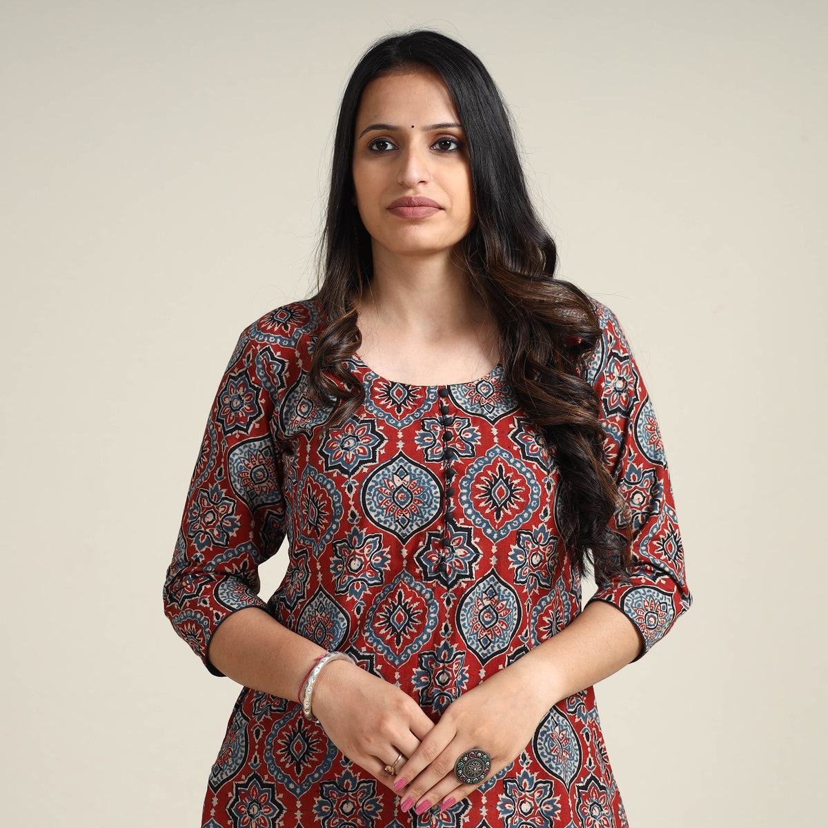 Red - Ajrakh Block Printed Cotton Long Kurta