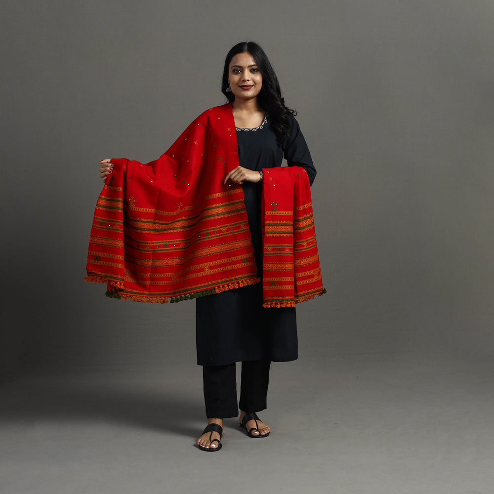 Red - Kutch Handwoven Mirror Work Woollen Shawl 92