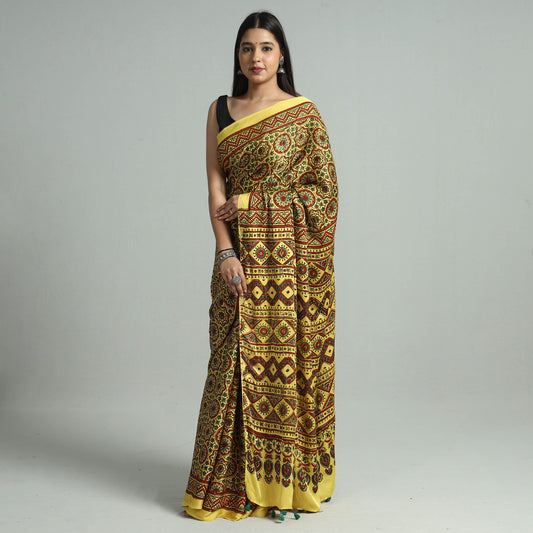 Yellow - Ajrakh Block Printed Modal Silk Saree with Tassels 10