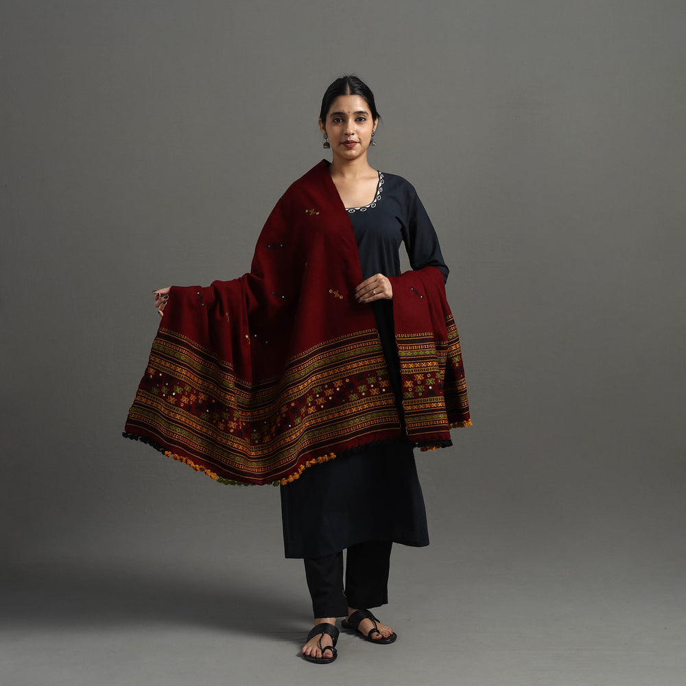 Maroon - Kutch Handwoven Mirror Work Woollen Shawl 26