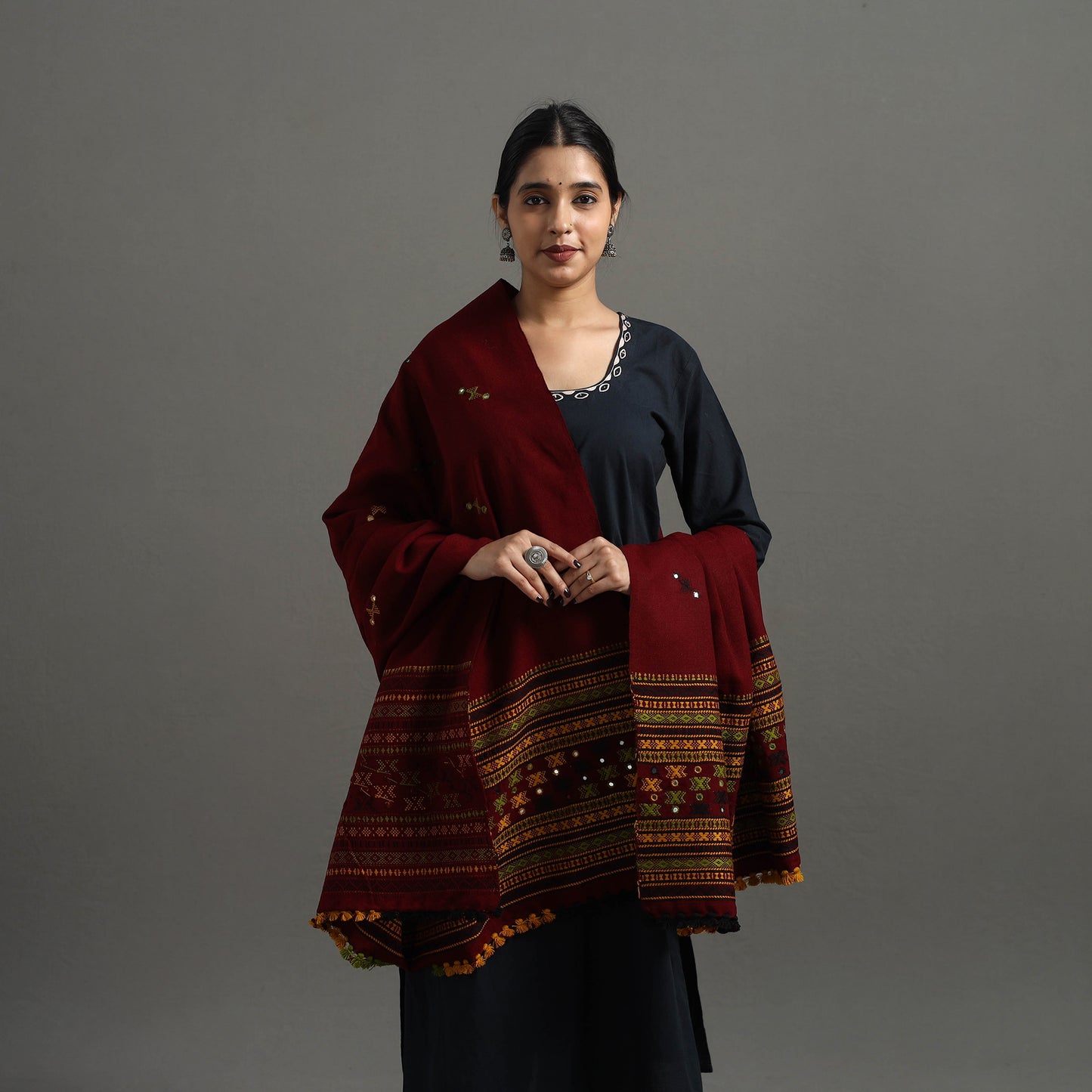 Maroon - Kutch Handwoven Mirror Work Woollen Shawl 26