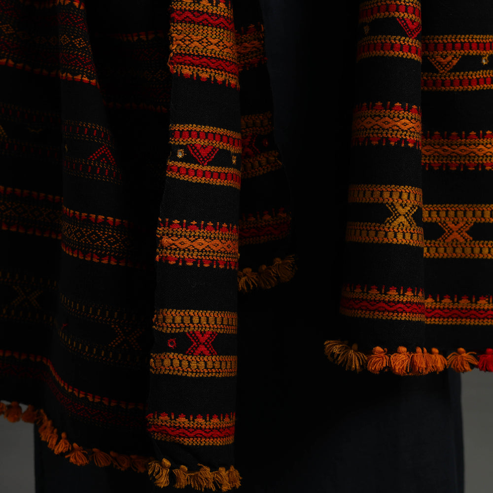 Black - Kutch Handwoven Mirror Work Woollen Shawl 93