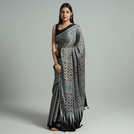 Grey - Ajrakh Block Printed Modal Silk Saree with Tassels 11