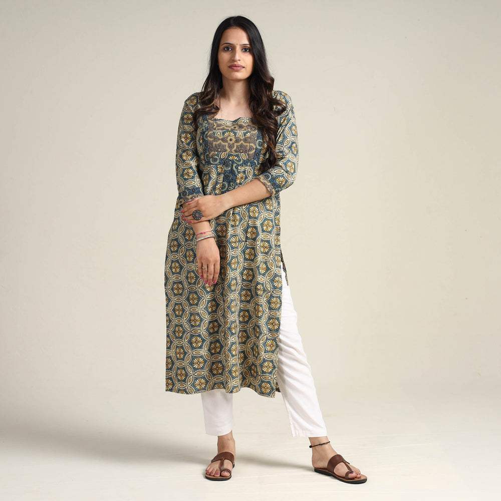 Blue - Ajrakh Block Printed Cotton Long Kurta