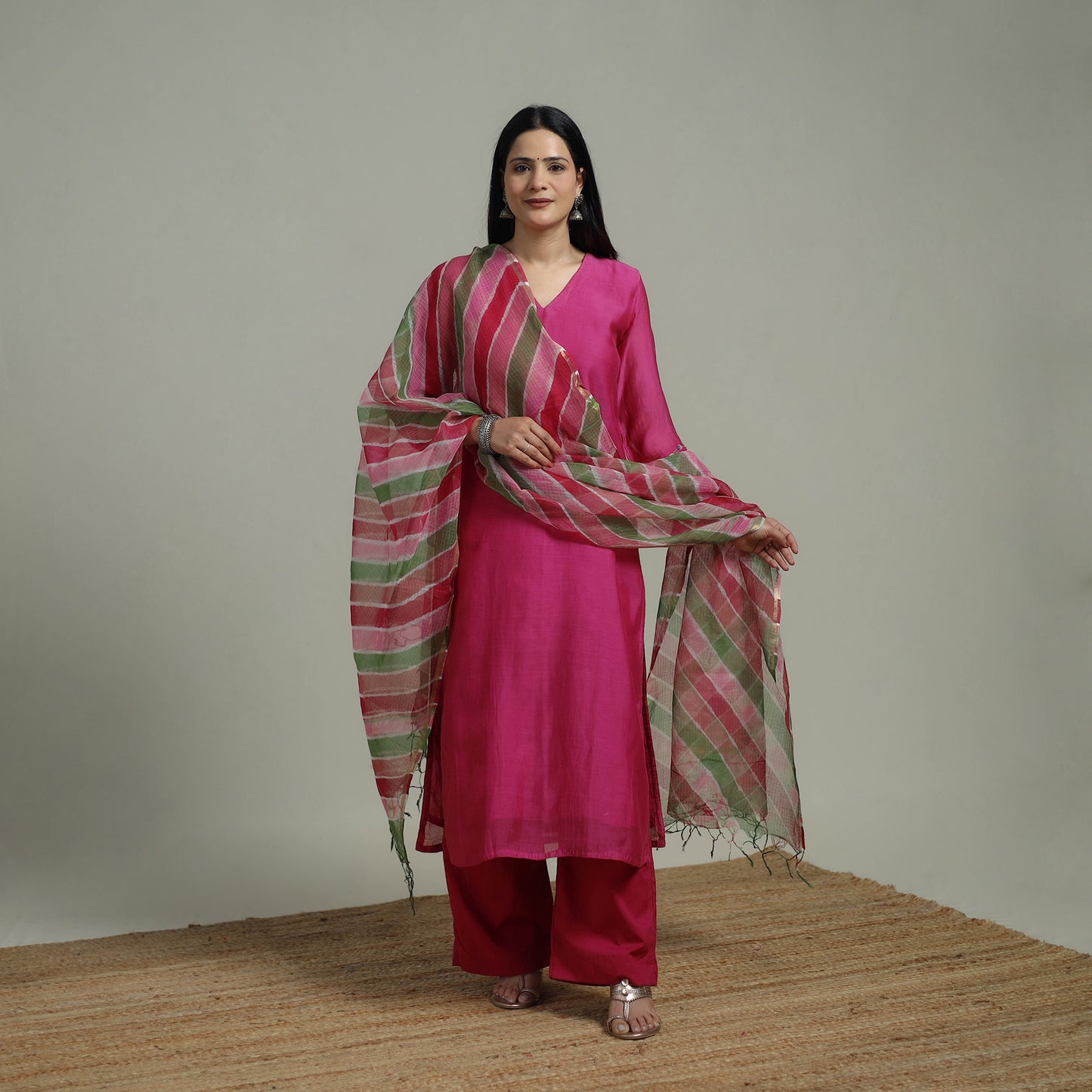 Pink - Plain Handloom Mul Chanderi Silk Hand Embroidered Suit Set with Dupatta for women 04