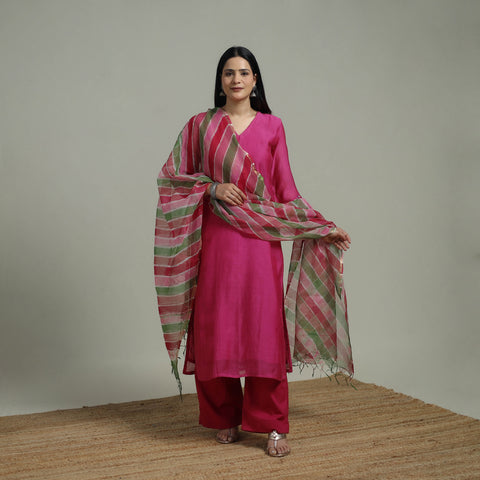 Pink - Plain Handloom Mul Chanderi Silk Hand Embroidered Suit Set with Dupatta for women 04