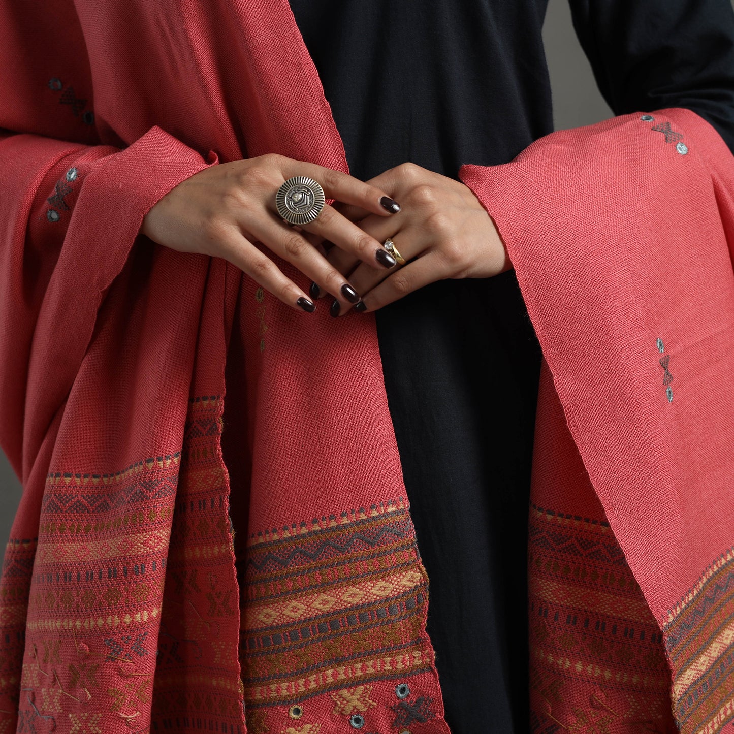 Pink - Kutch Handwoven Mirror Work Woollen Shawl 27