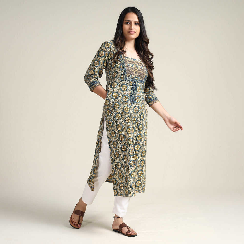 Blue - Ajrakh Block Printed Cotton Long Kurta