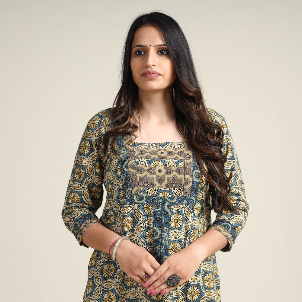 Blue - Ajrakh Block Printed Cotton Long Kurta