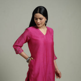 Pink - Plain Handloom Mul Chanderi Silk Hand Embroidered Suit Set with Dupatta for women 04
