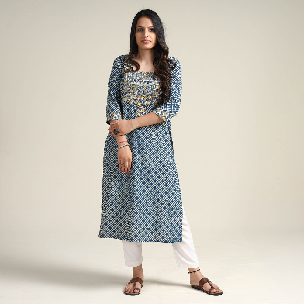 Blue - Ajrakh Block Printed Cotton Long Kurta