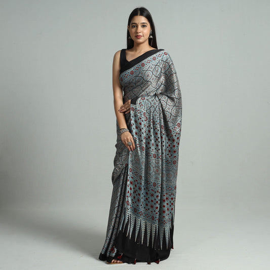 Blue - Ajrakh Block Printed Modal Silk Saree with Tassels 12