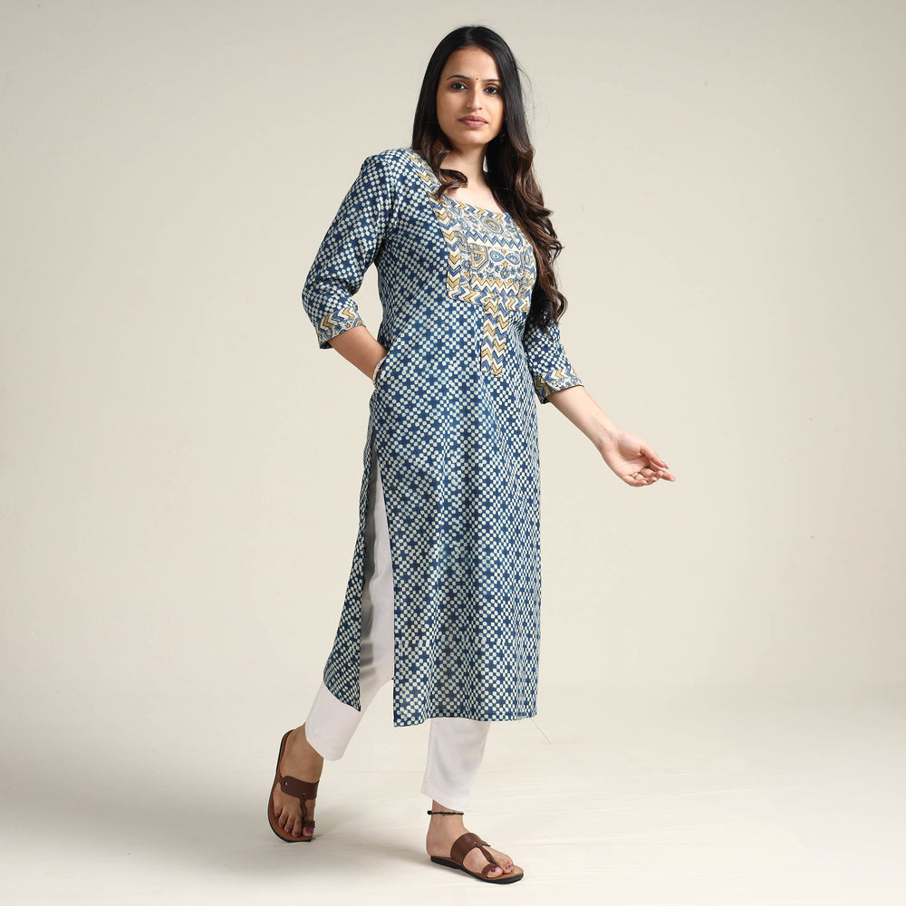 Blue - Ajrakh Block Printed Cotton Long Kurta