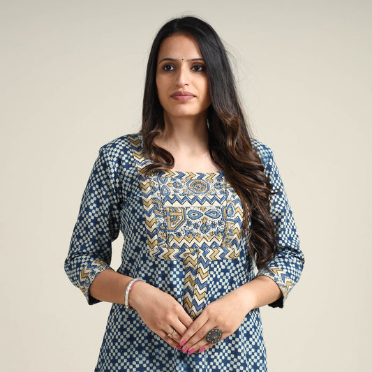 Blue - Ajrakh Block Printed Cotton Long Kurta