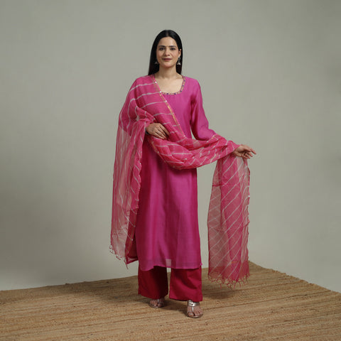 Pink - Plain Handloom Mul Chanderi Silk Hand Embroidered Suit Set with Dupatta for women 01