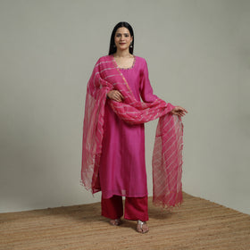 Pink - Plain Handloom Mul Chanderi Silk Hand Embroidered Suit Set with Dupatta for women 01