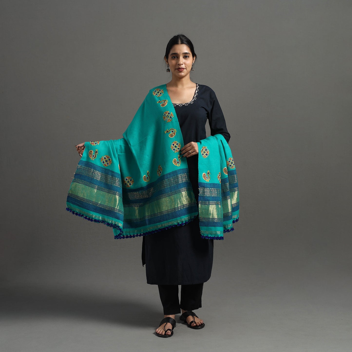 Green - Kutch Ahir Hand Embroidery Woollen Shawl 29