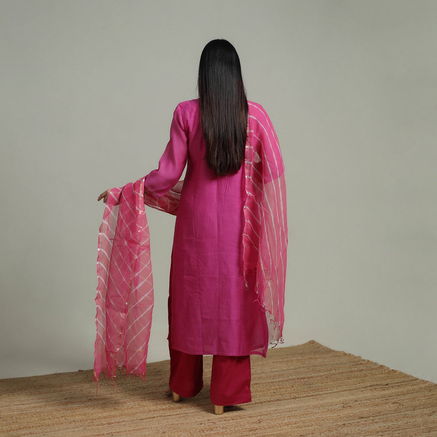 Pink - Plain Handloom Mul Chanderi Silk Hand Embroidered Suit Set with Dupatta for women 01
