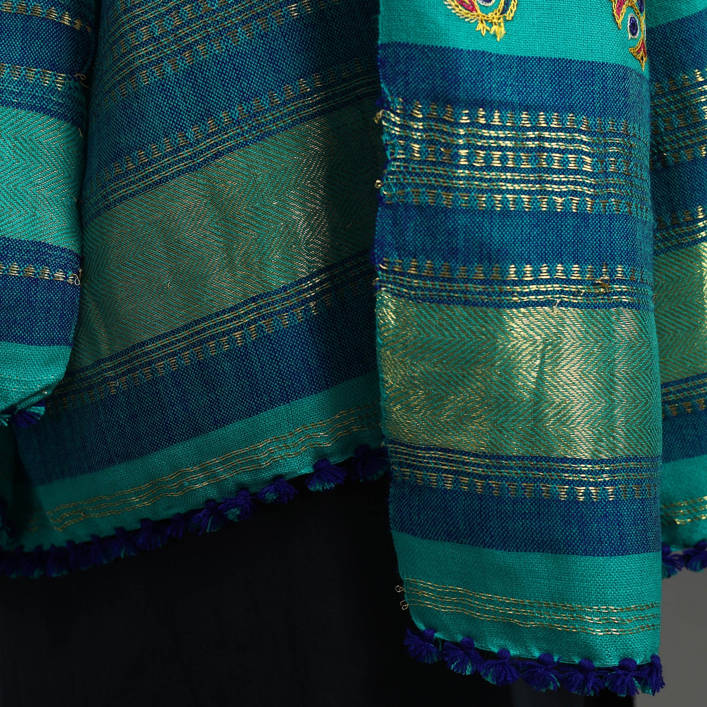 Green - Kutch Ahir Hand Embroidery Woollen Shawl 29