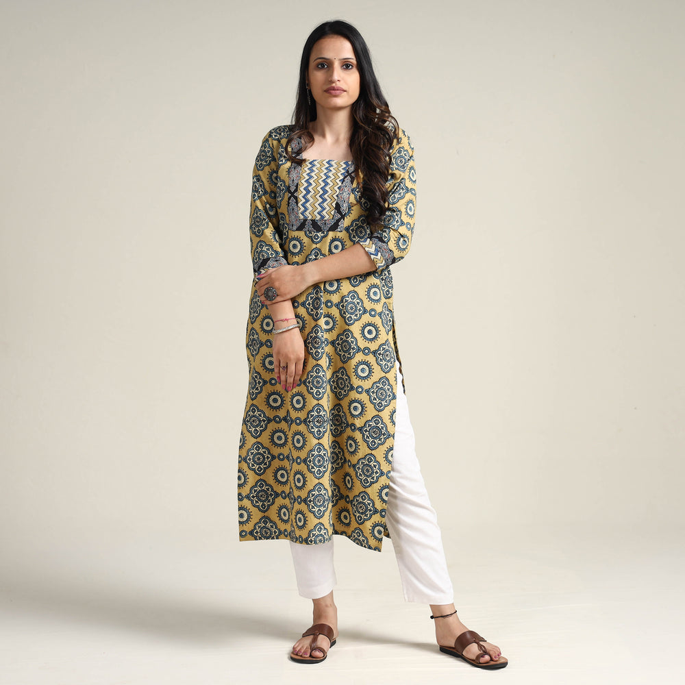 Yellow - Ajrakh Block Printed Cotton Long Straight Kurta