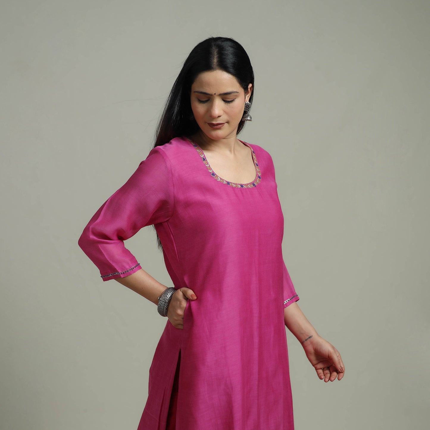 Pink - Plain Handloom Mul Chanderi Silk Hand Embroidered Suit Set with Dupatta for women 01