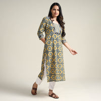 Yellow - Ajrakh Block Printed Cotton Long Straight Kurta