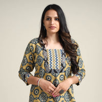 Yellow - Ajrakh Block Printed Cotton Long Straight Kurta