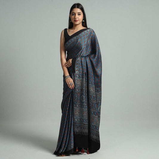 Blue - Ajrakh Block Printed Modal Silk Saree with Tassels 13
