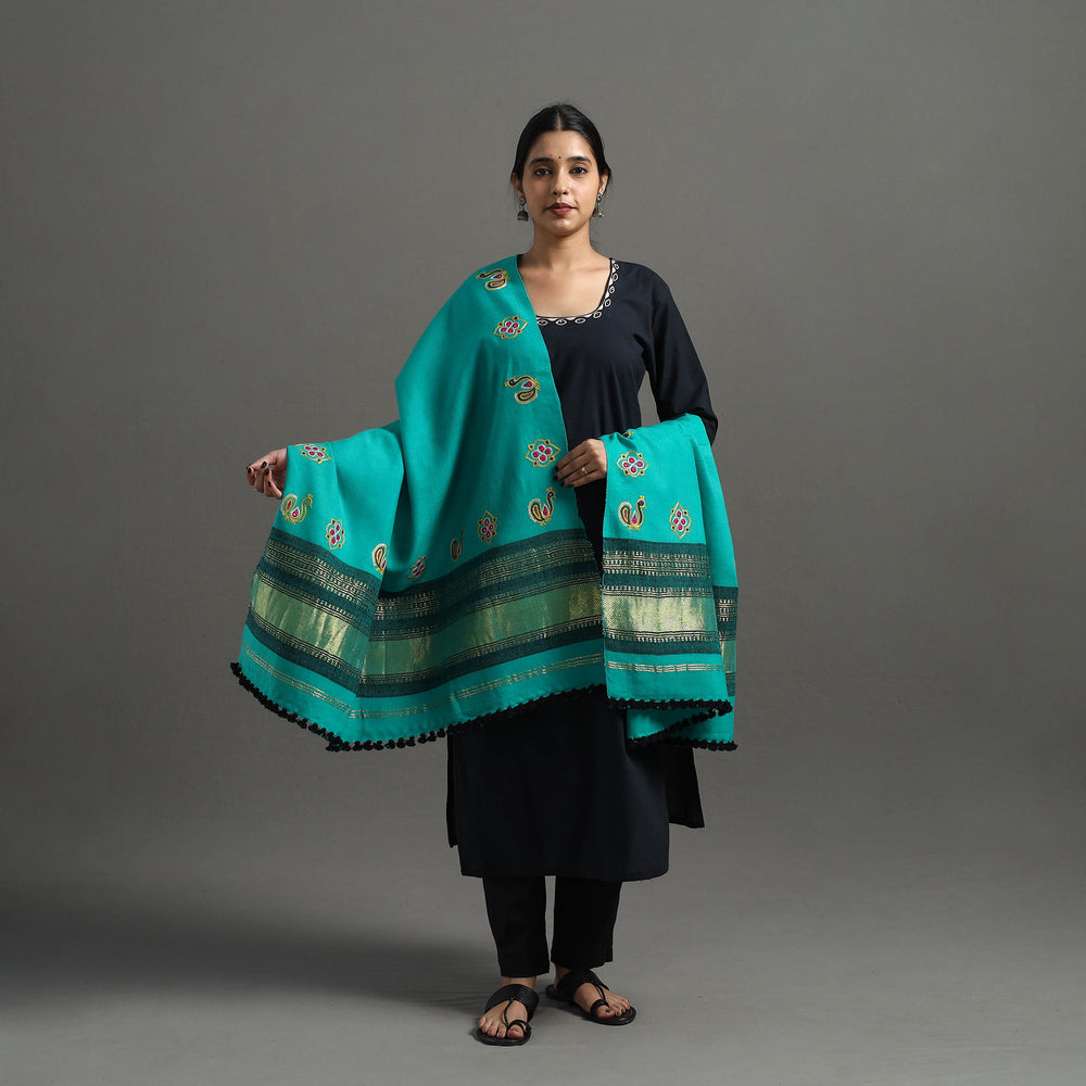 Green - Kutch Ahir Hand Embroidery Woollen Shawl 30