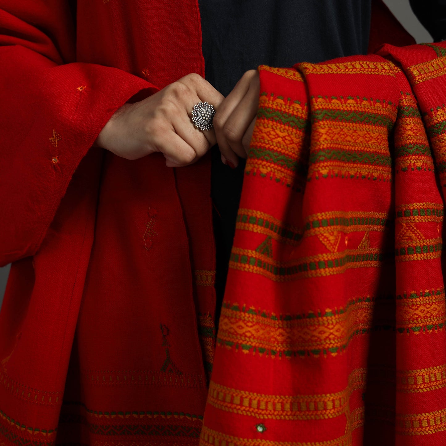 Red - Kutch Handwoven Mirror Work Woollen Shawl 97