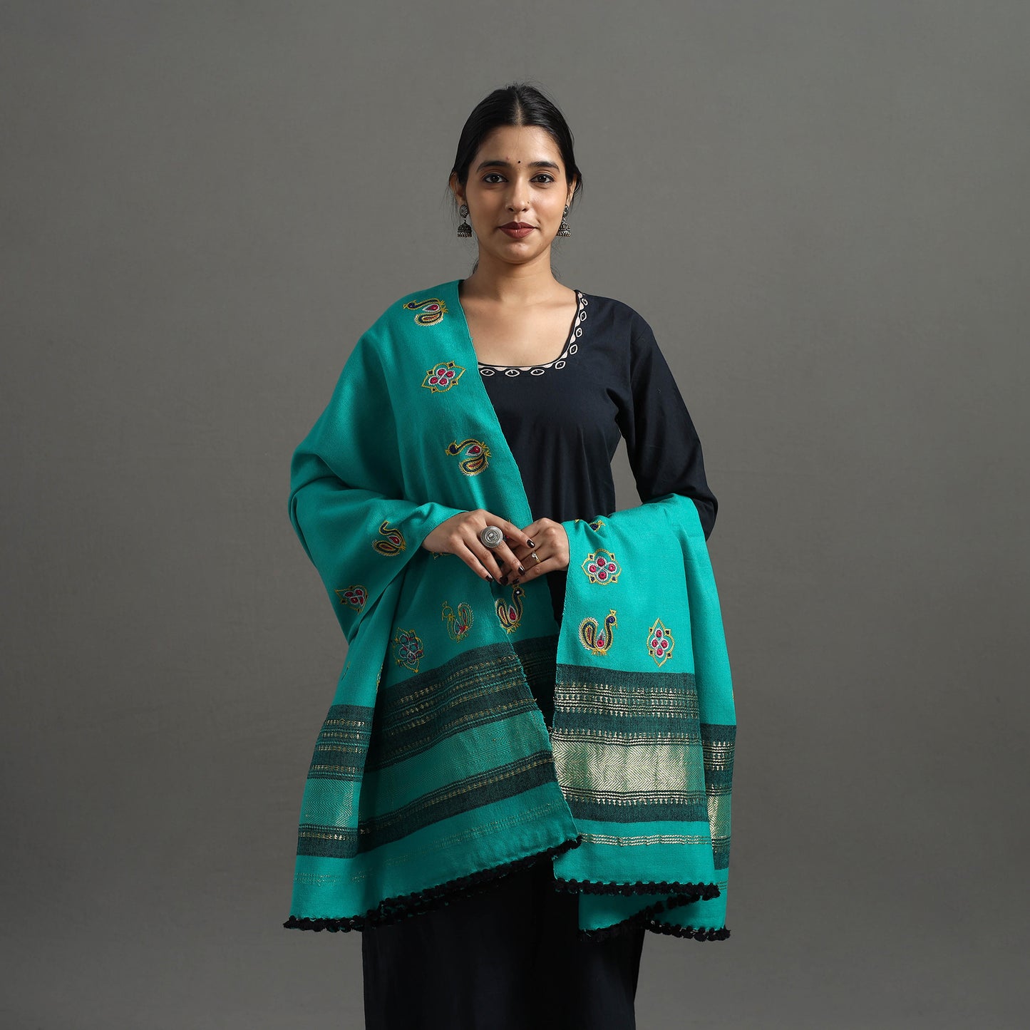 Green - Kutch Ahir Hand Embroidery Woollen Shawl 30