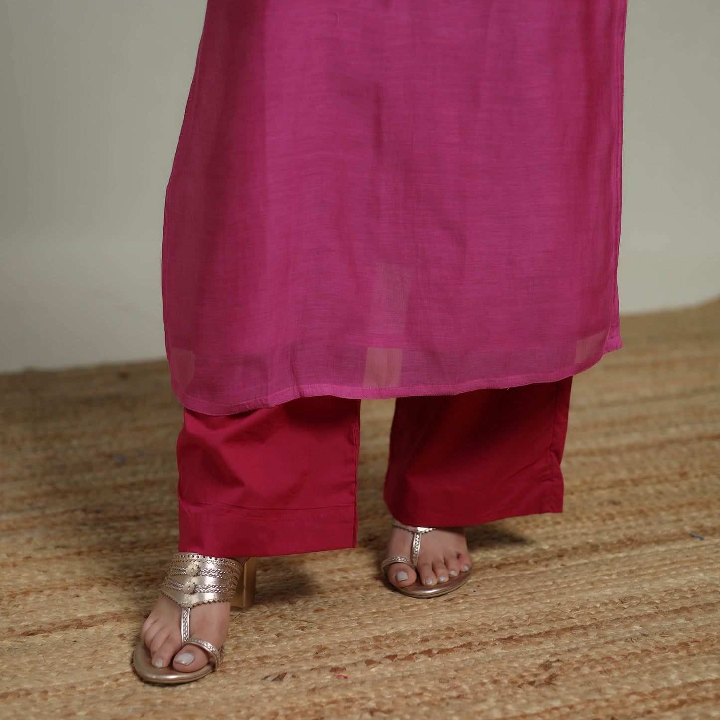 Pink - Plain Handloom Mul Chanderi Silk Hand Embroidered Suit Set with Dupatta for women 01