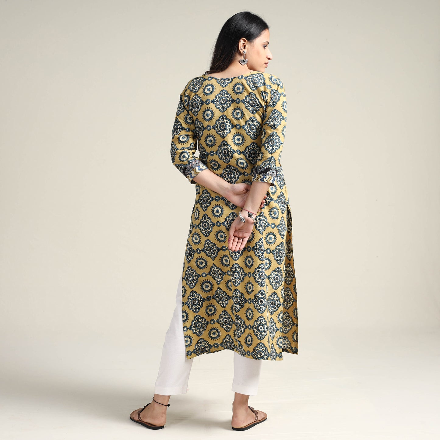 Yellow - Ajrakh Block Printed Cotton Long Straight Kurta