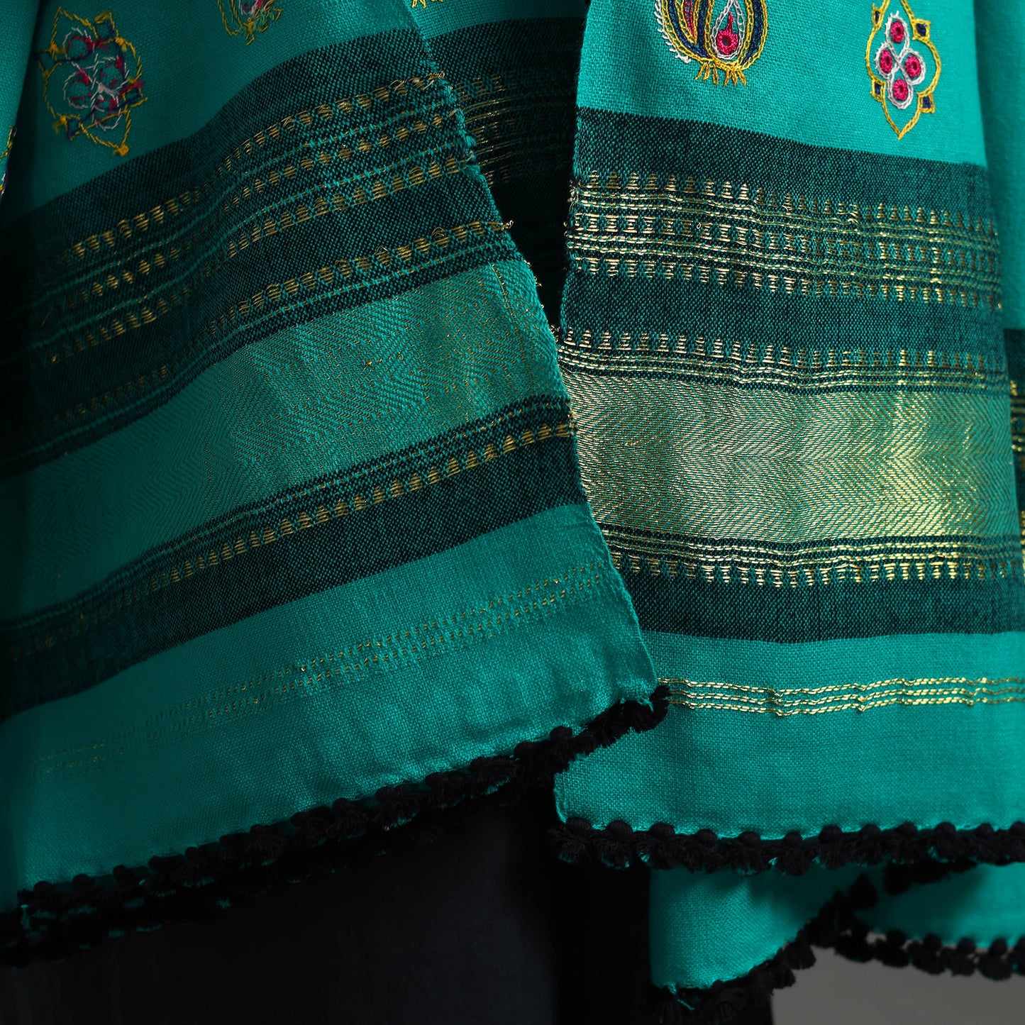 Green - Kutch Ahir Hand Embroidery Woollen Shawl 30