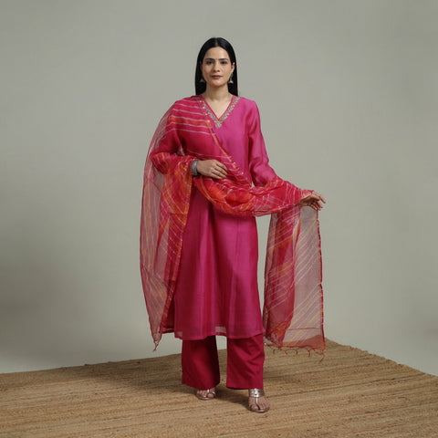 Pink - Plain Handloom Mul Chanderi Silk Hand Embroidered Suit Set with Dupatta for women 02