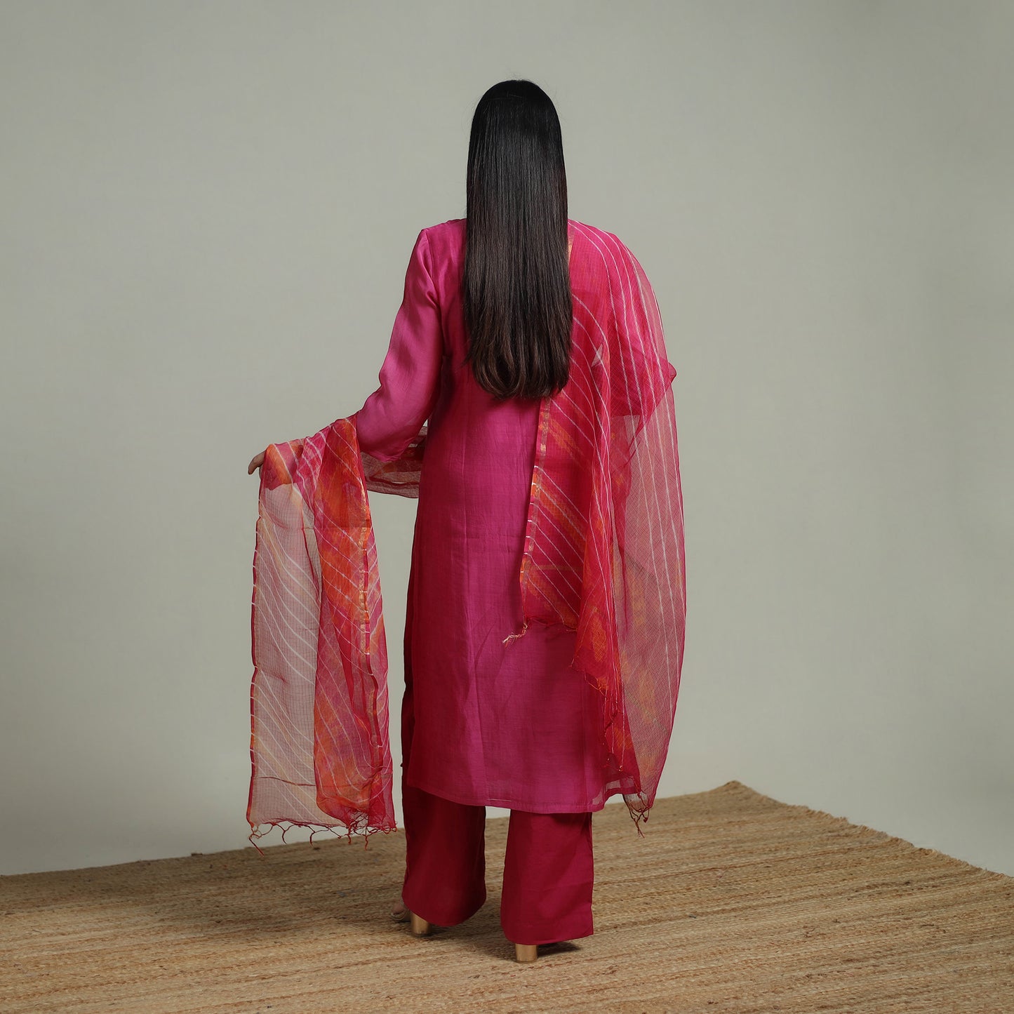 Pink - Plain Handloom Mul Chanderi Silk Hand Embroidered Suit Set with Dupatta for women 02